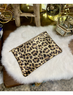 POCHETTE ZIP L  EN CUIR LEOPARD 