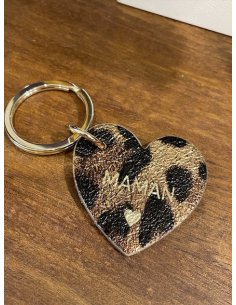 PORTE CLÉS COEUR MAMAN EN CUIR LEOPARD