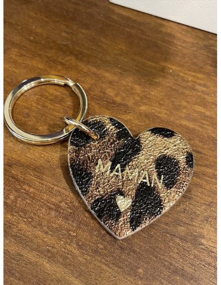 PORTE CLÉS COEUR MAMAN EN CUIR LEOPARD