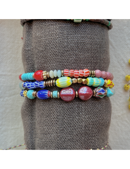 BRACELET ELASTIQUE PERLES AFRICAINES ET CERAMIQUES  - LES FILLES DE COEUR 