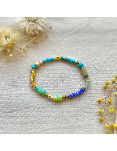 BRACELET ELASTIQUE PERLES AFRICAINES ET CERAMIQUES  - LES FILLES DE COEUR 