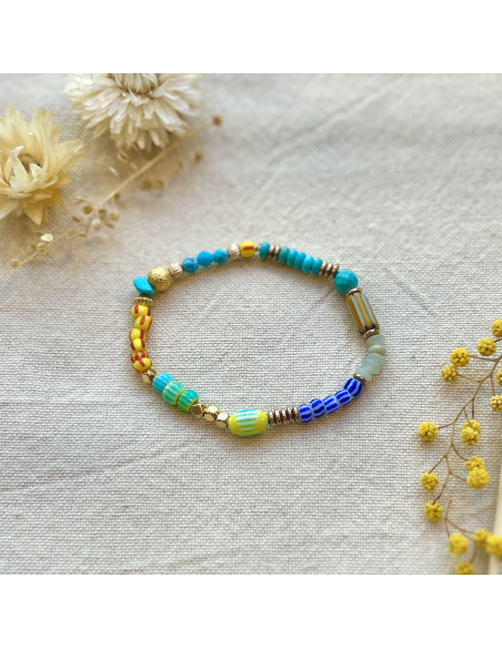BRACELET ELASTIQUE PERLES AFRICAINES ET CERAMIQUES  - LES FILLES DE COEUR 