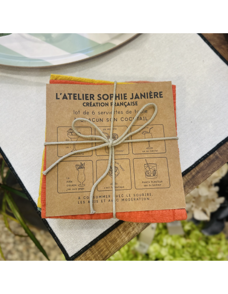 LOT DE 6 SERVIETTES DE TABLE A CHACUN SON COCKTAIL - SOPHIE JANIERE