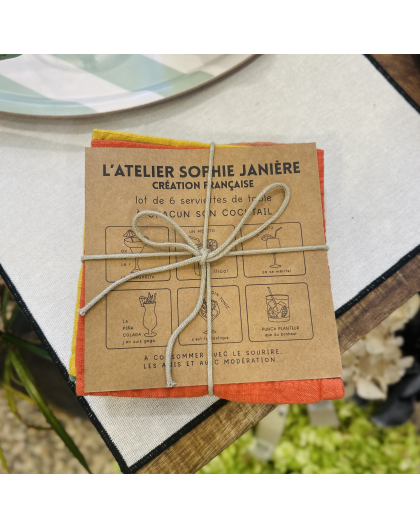 LOT DE 6 SERVIETTES DE TABLE A CHACUN SON COCKTAIL - SOPHIE JANIERE