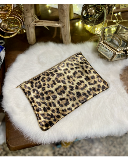 POCHETTE ZIP L  EN CUIR LEOPARD 