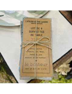 LOT DE 6 SERVIETTES DE TABLE LE BONHEUR EST UN ART - SOPHIE JANIERE