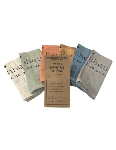 LOT DE 6 SERVIETTES DE TABLE LE BONHEUR EST UN ART - SOPHIE JANIERE