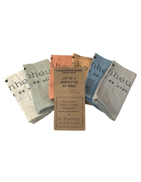 LOT DE 6 SERVIETTES DE TABLE LE BONHEUR EST UN ART - SOPHIE JANIERE