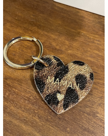 PORTE CLÉS COEUR MAMAN EN CUIR LEOPARD