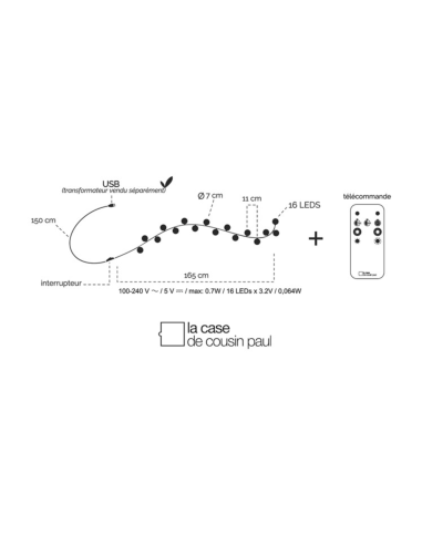 CABLE GUIRLANDE 16 LED AVEC TELECOMMANDE