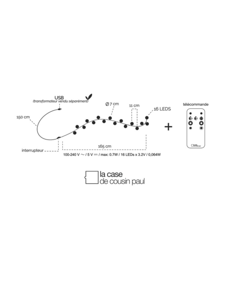 CABLE GUIRLANDE 16 LED AVEC TELECOMMANDE