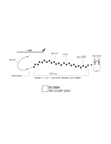 CABLE GUIRLANDE 24 LED AVEC TELECOMMANDE