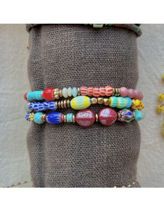 BRACELET ELASTIQUE PERLES AFRICAINES ET CERAMIQUES  - LES FILLES DE COEUR 