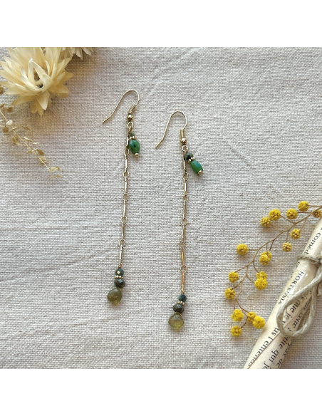 BOUCLES D'OREILLES LONGUES PIERRES ET CHAINE - LES FILLES DE COEUR