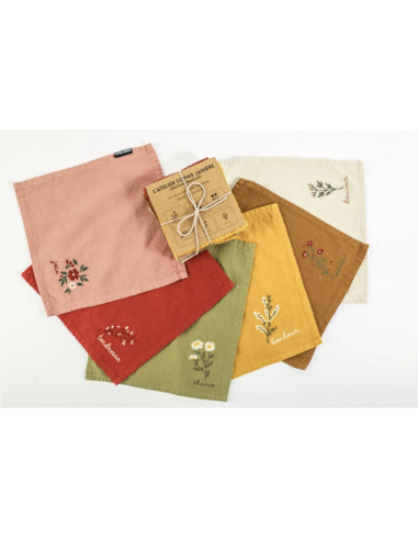 LOT DE 6 SERVIETTES DE TABLE BRODÉES FLEURS - SOPHIE JANIERE
