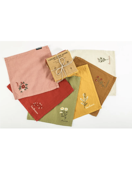 LOT DE 6 SERVIETTES DE TABLE BRODÉES FLEURS - SOPHIE JANIERE
